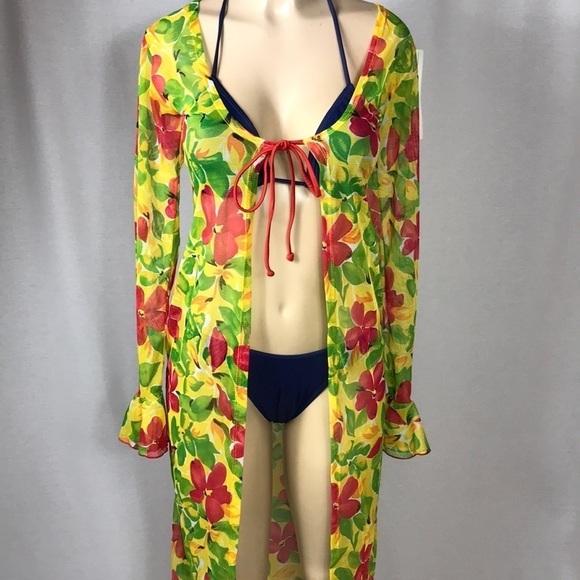 Zuliana Bright Floral Long Ruffle Sleeve Mesh Cover Up Made in USA.New With Tags - Picture 2 of 6
